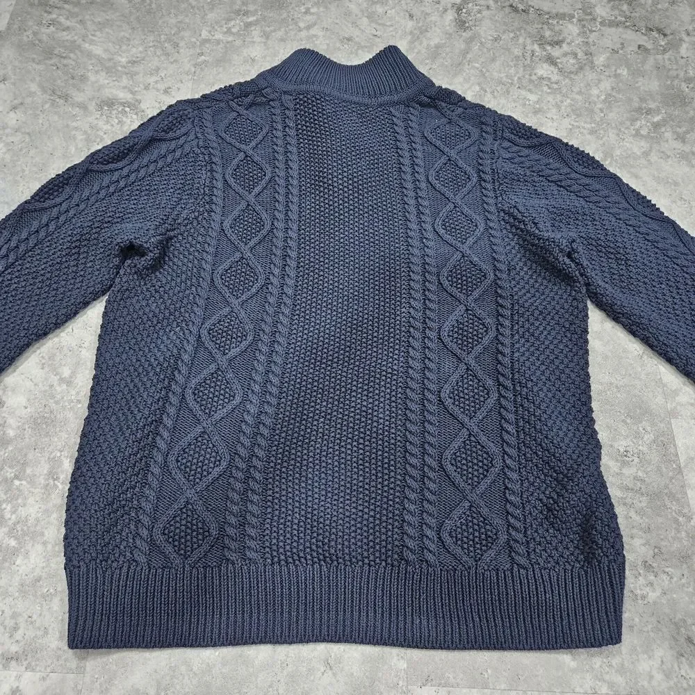 LL Bean Signature Fisherman Button Henley Sweater Blue‎ Cable Knit MENS XL Mock